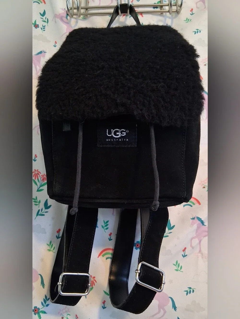 EUC UGG Nordie Black Suede & Shearling Boho Casual Drawstring Backpack Purse Bag